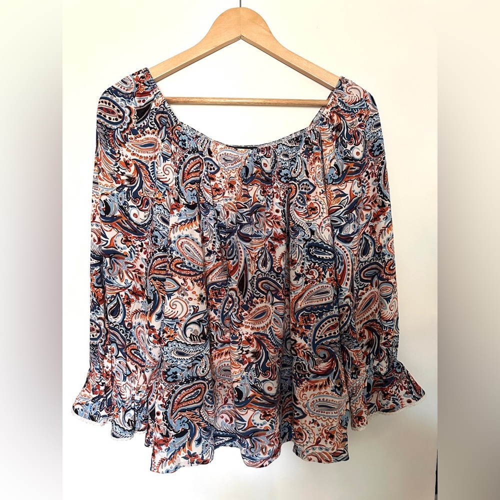 AGB Top Women Paisley Print Large Gathered neckline Long Sleeve Navy and Orange
